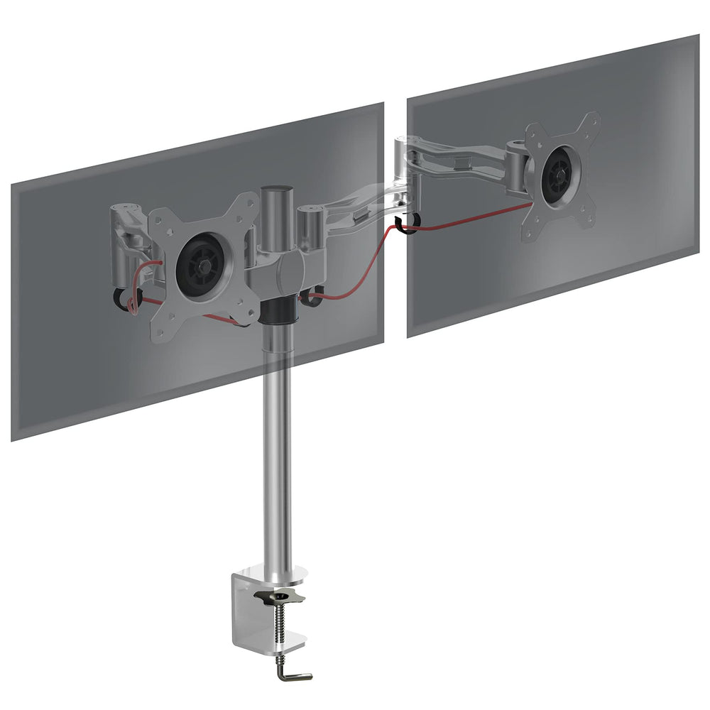 Duronic Dual Monitor Stand with adjustable silver stand, desk clamp, and integrated cable management.