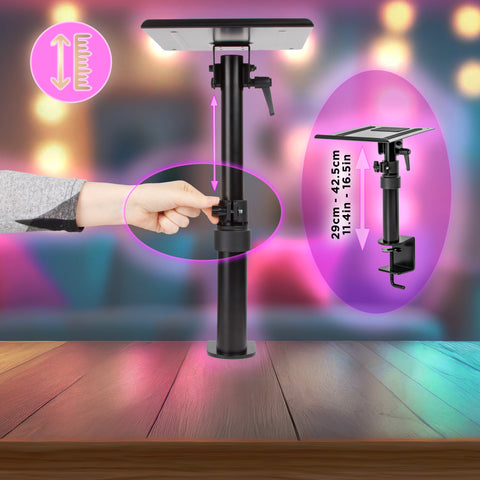 Duronic Dual Speaker Clamp Stands Adjustable black metal speaker or laptop desk stand with a height range of 29cm to 42.5cm, featuring a secure C-clamp base and a manual adjustment knob.