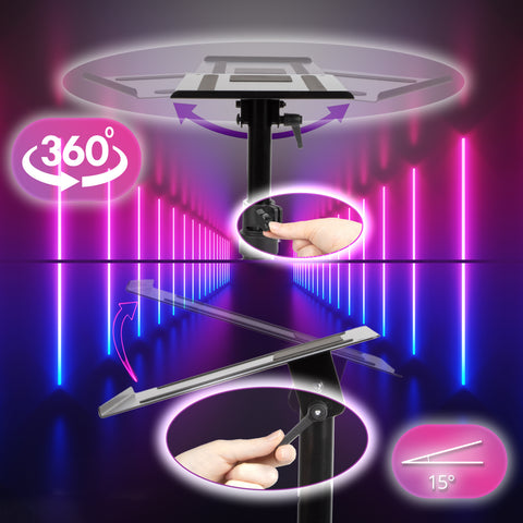 Duronic Dual Speaker Clamp Stands adjustable equipment stand features a 360° swivel platform and a 15° tilting tray with manual adjustment knobs for customizable viewing angles.