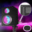 Duronic Dual Speaker Clamp Stands black studio monitor stand featuring a non-slip padded platform and glowing LED speakers set against a vibrant purple neon background.
