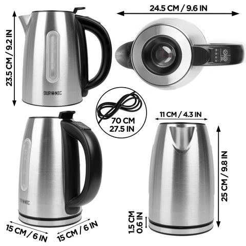 Duronic EK43 stainless steel electric kettle dimensions of height, length, width with UK plug