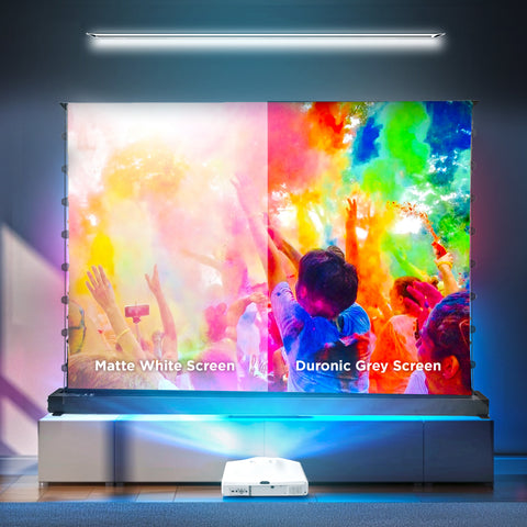 Duronic Electric 120” with side-by-side comparison of matte white screen and duronic grey screen