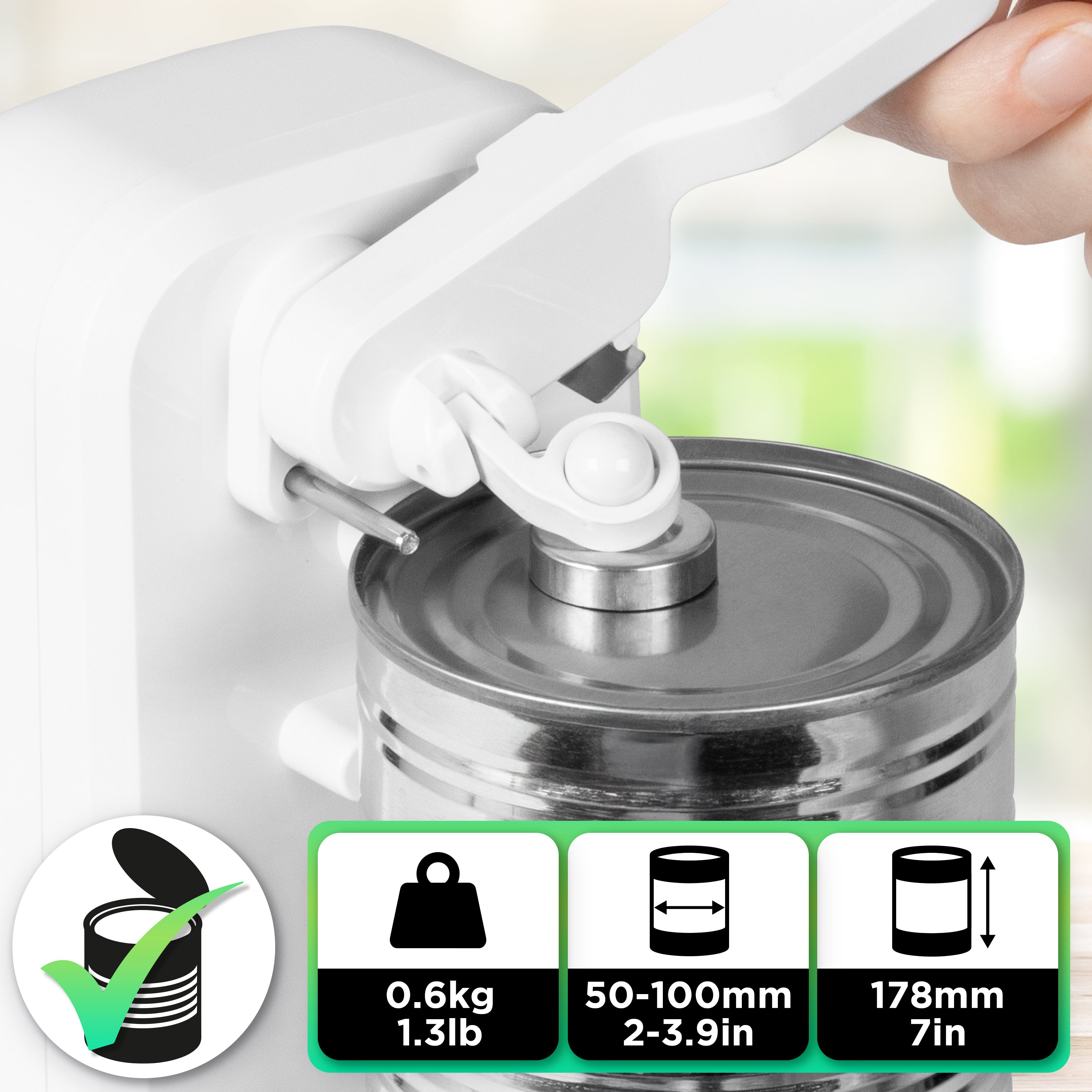 Duronic Electric Can Opener, opening a can and showing technical specification 