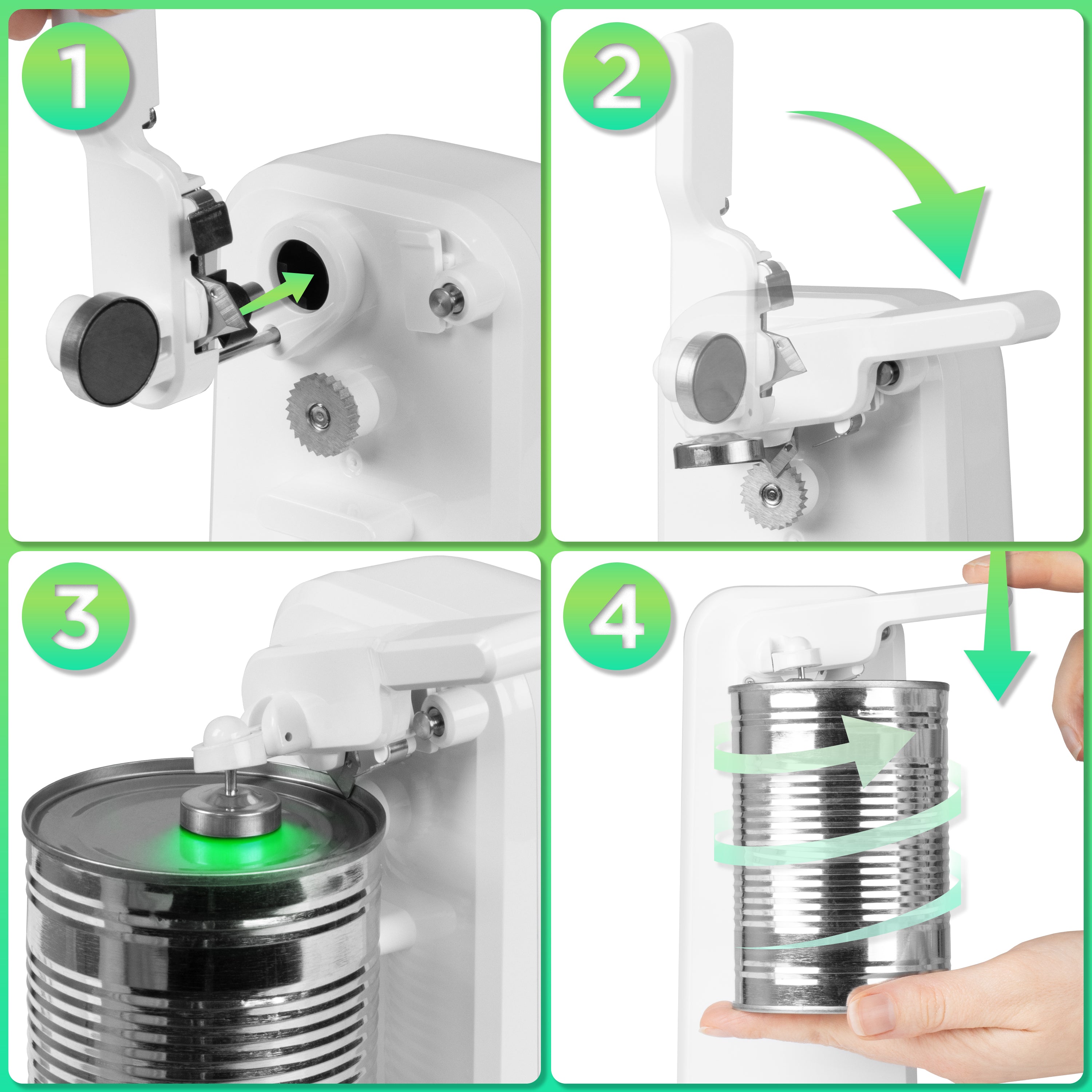 Duronic Electric Can Opener showing the step step instruction on how to use the CO40 