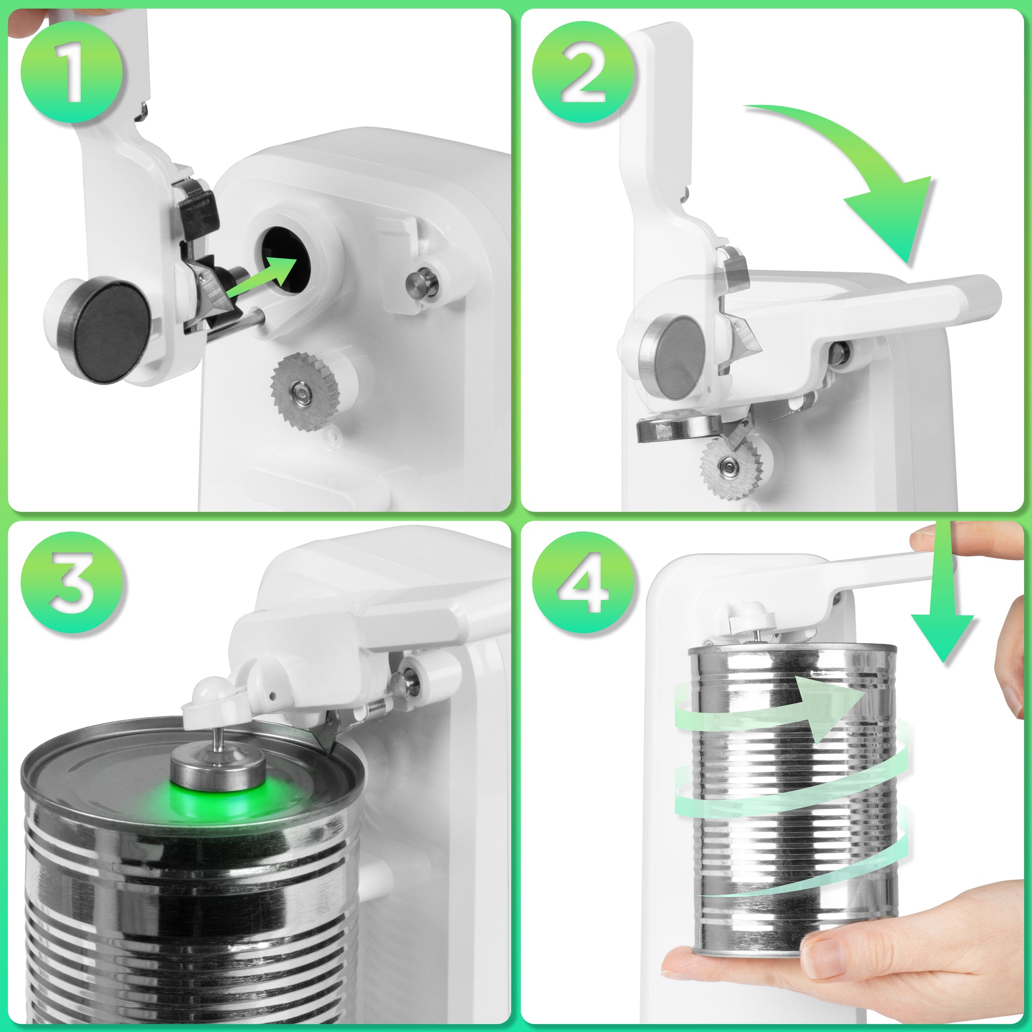 Duronic Electric Can Opener showing the step step instruction on how to use the CO40 