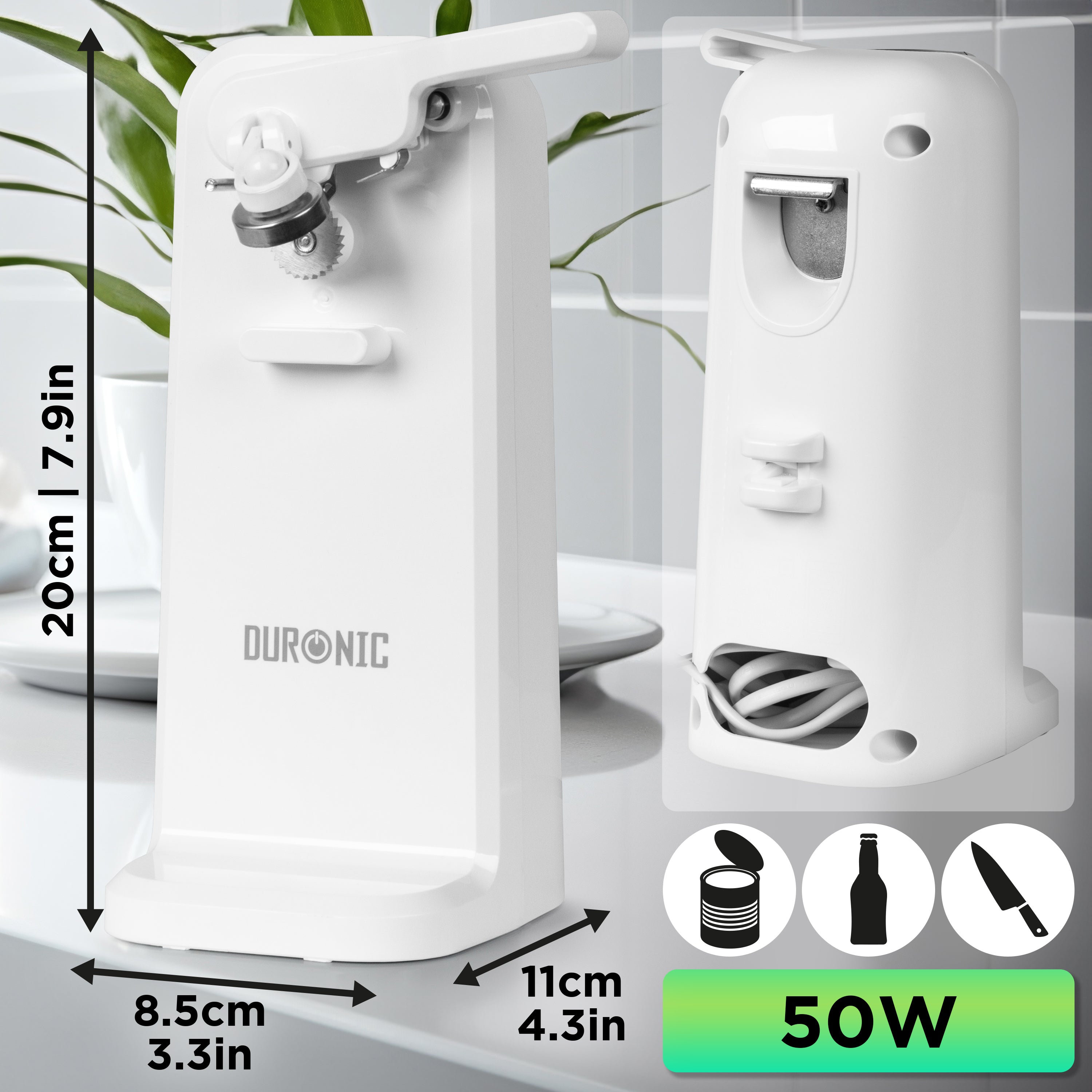 Duronic Electric Can Opener with dimension, power rating, can opener and knife sharpener