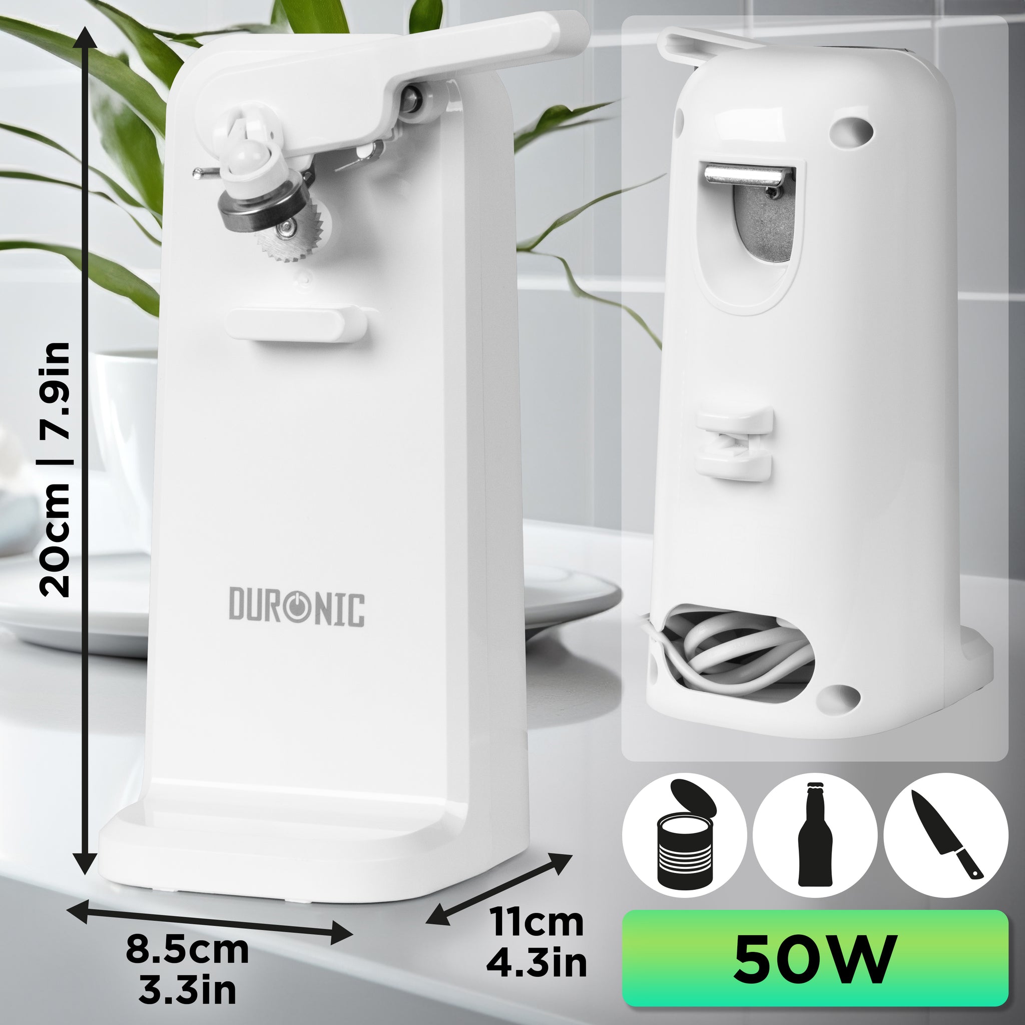 Duronic Electric Can Opener with dimension, power rating, can opener and knife sharpener