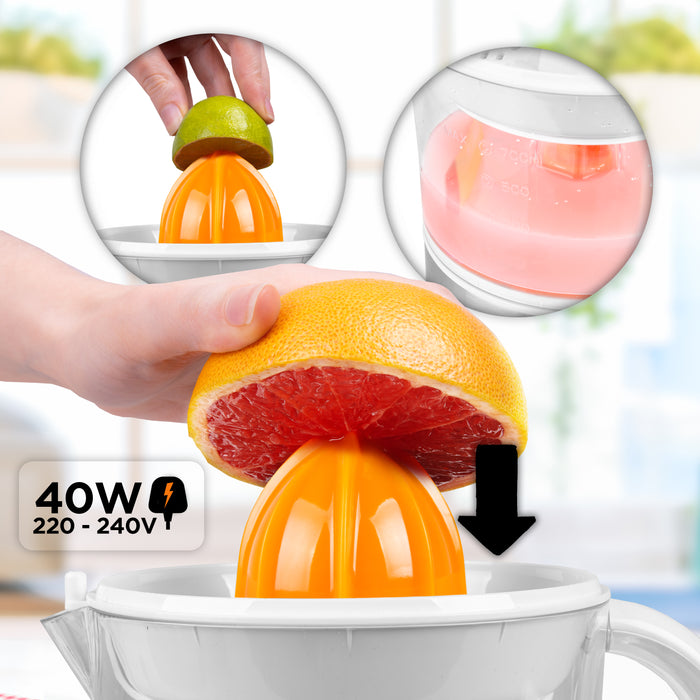 Duronic Electric Citrus Juicer demonstrating its power to extract fresh juice from various fruits like limes and grapefruits