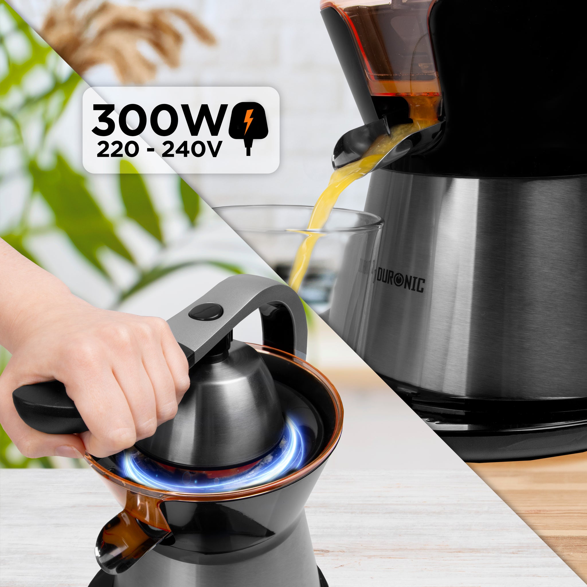 Duronic Electric Citrus Juicer featuring a 300W motor and a handle-press design for effortless juicing.