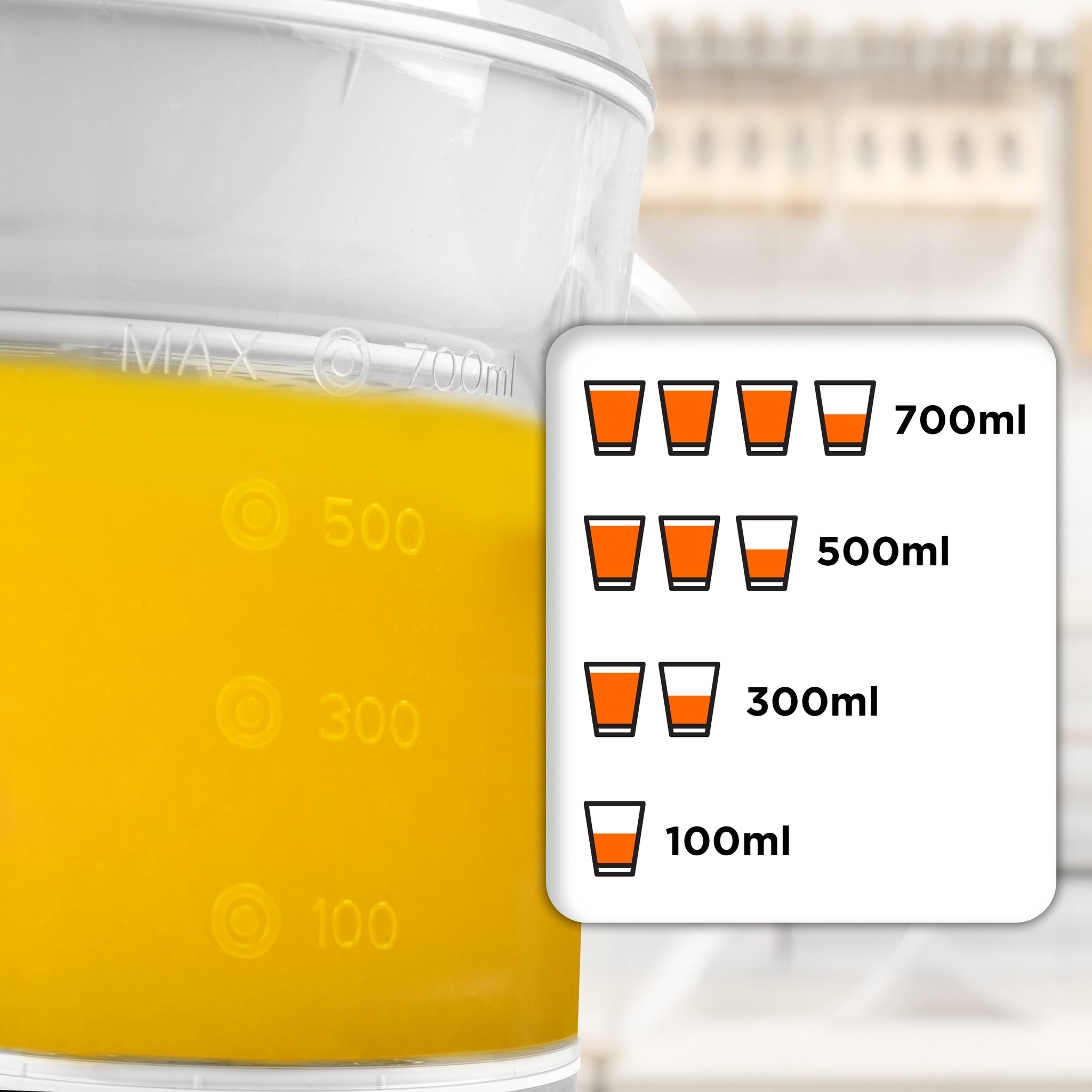 Duronic Electric Citrus Juicer filled with orange juice, featuring a measurement guide