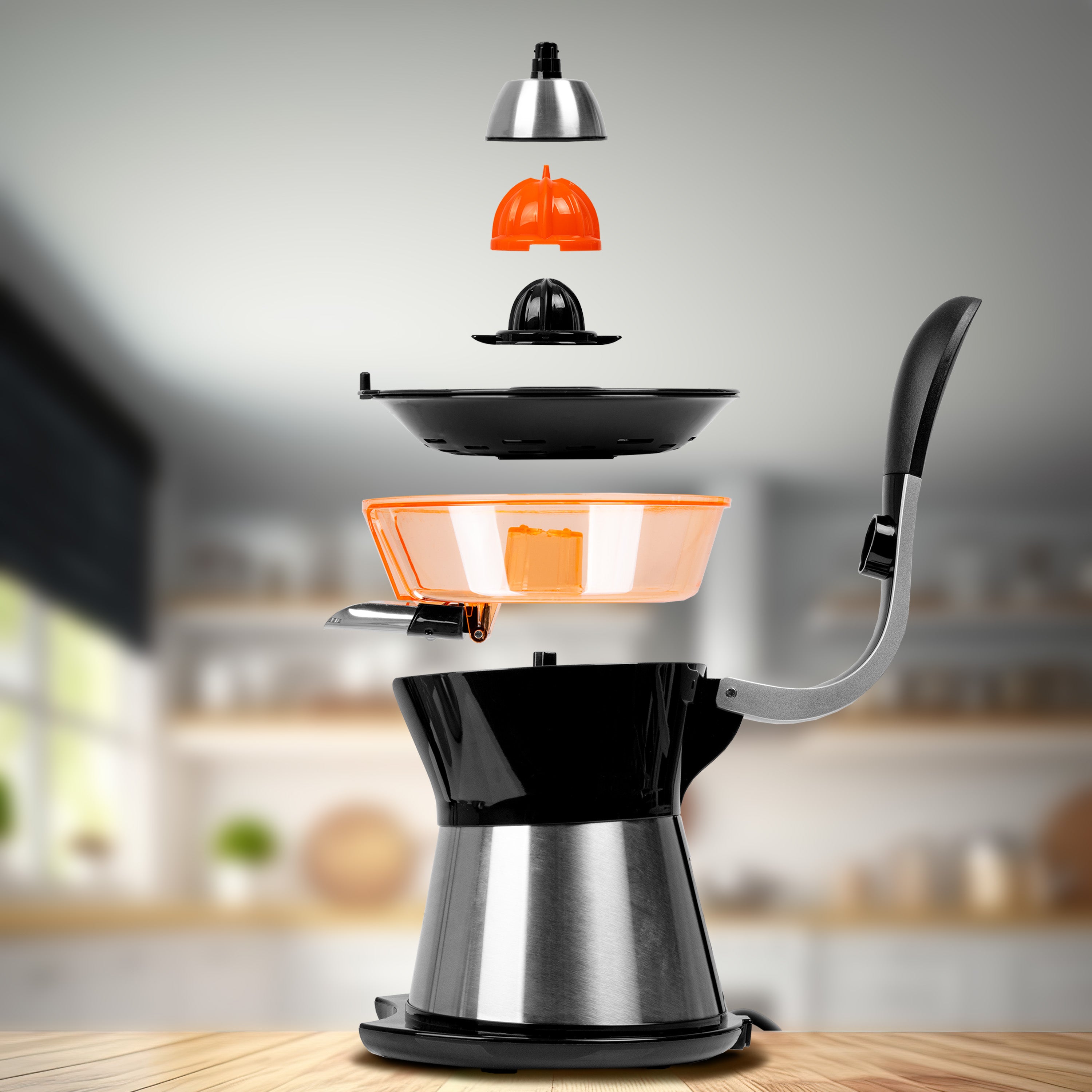 Duronic Electric Citrus Juicer showing its detachable parts including the juice collector, pulp filter, and two different-sized reamers