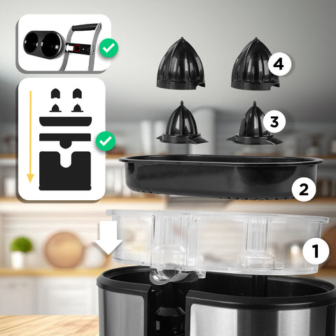 Duronic Electric Citrus Juicer showing numbered assembly parts and visual instructions for an electric citrus juicer.