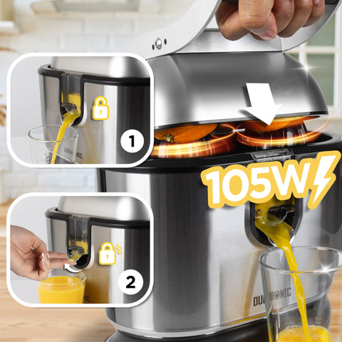 Duronic Electric Citrus Juicer squeezing fresh orange juice into a glass