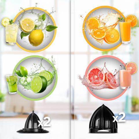 Duronic Electric Citrus Juicer with juices displayed next to small and large black juicer attachments