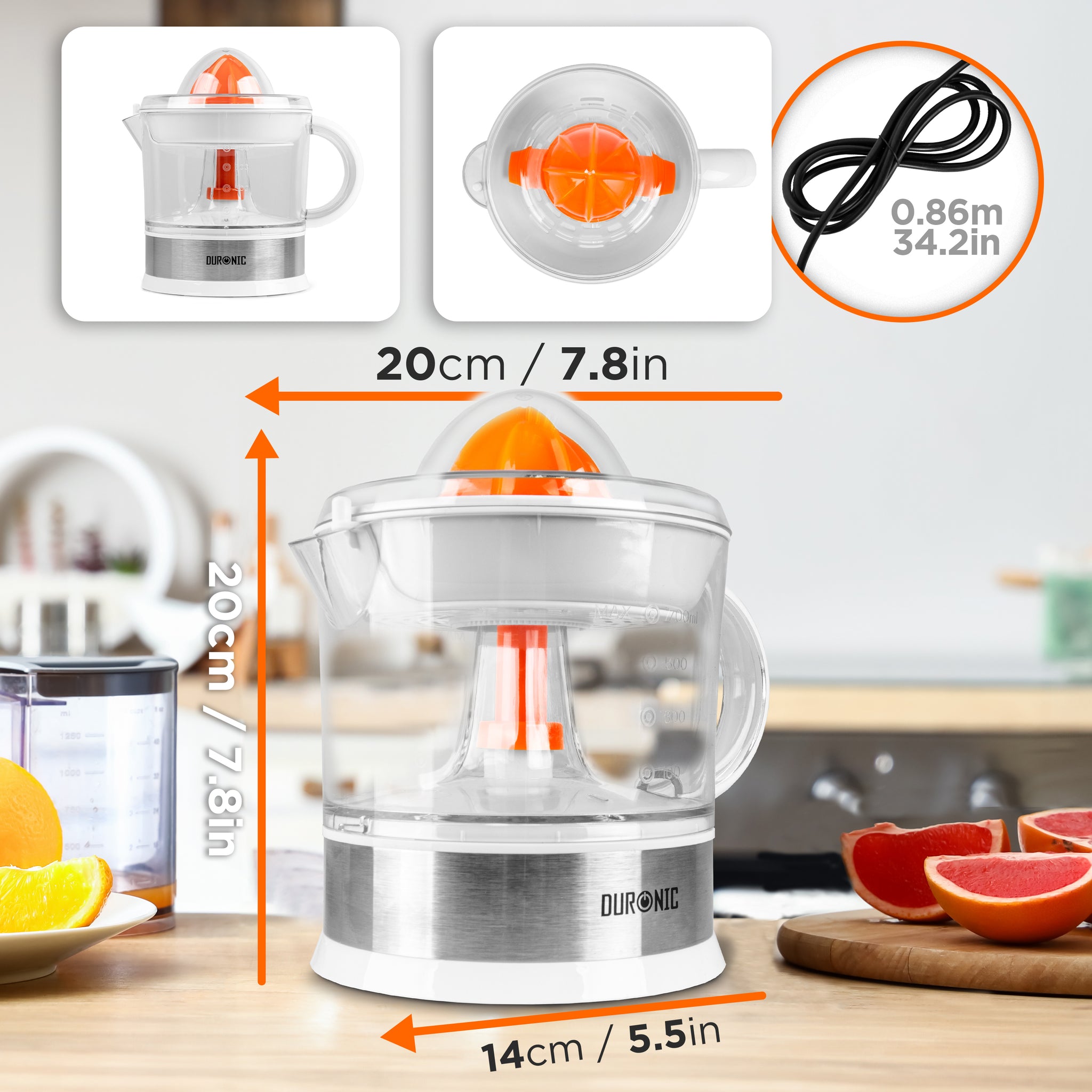 Duronic Electric Citrus Juicer with product and cable dimension