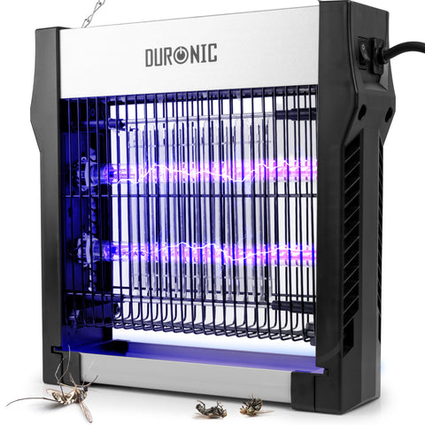 Duronic Electric Fly Killer killer with glowing purple UV light tubes and grid.