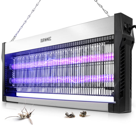 Duronic Electric Fly Killer with glowing UV light tubes hanging above dead mosquitoes and flies.