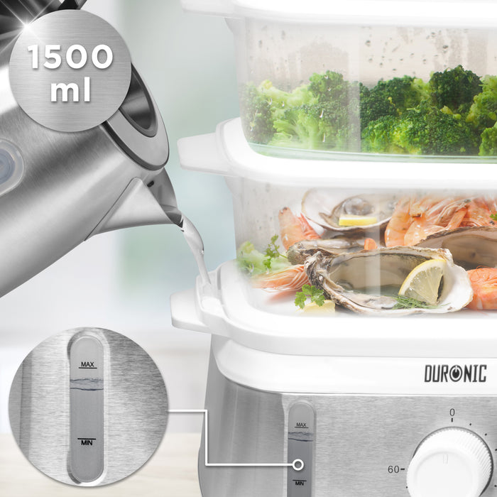 Duronic Electric Food Steamer being filled with water to steam vegetables and seafood.