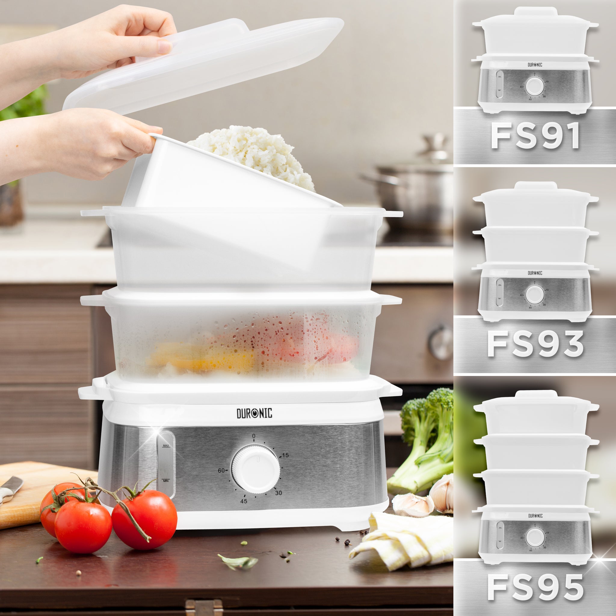 Duronic Electric Food Steamer with a rice bowl insert, stacked tiers, and model comparison options.