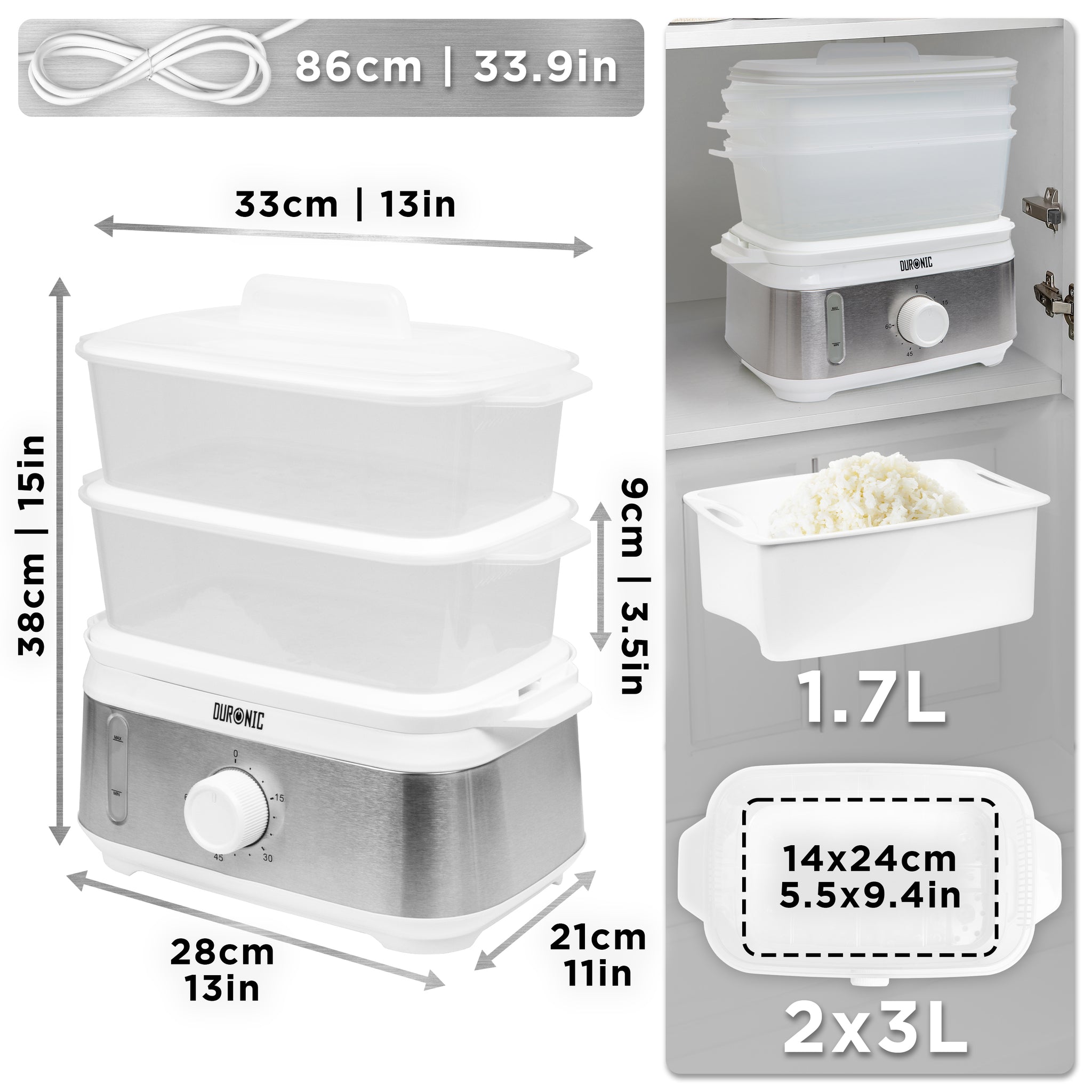 Duronic Electric Food Steamer with dimension