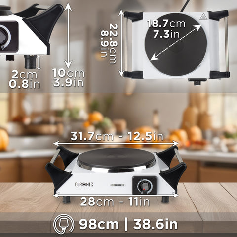 Duronic Electric Hot Plate HP1 WE with detailed dimension measurements for length, width, and height.