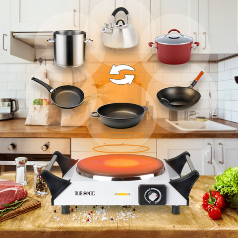 Duronic Electric Hot Plate HP1 WE with various pots, pans, and kettles.