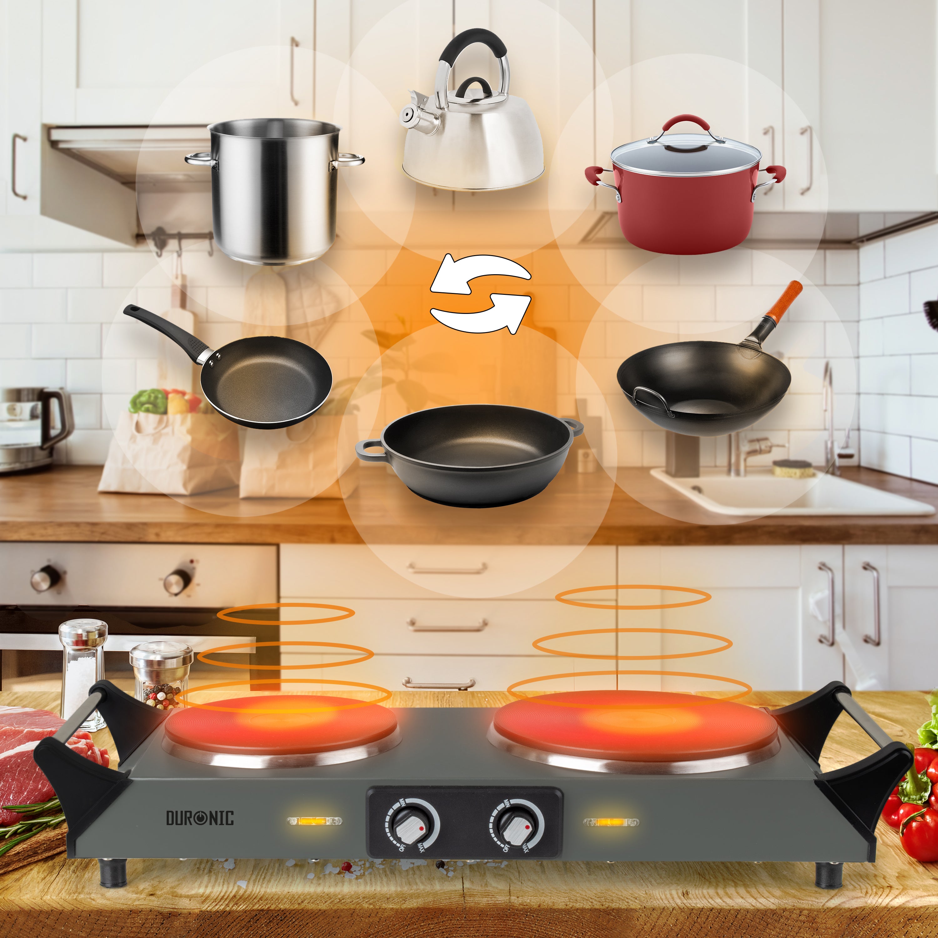 Duronic Electric Hot Plate HP2 GG showing compatibility with various pots, pans, and a kettle.
