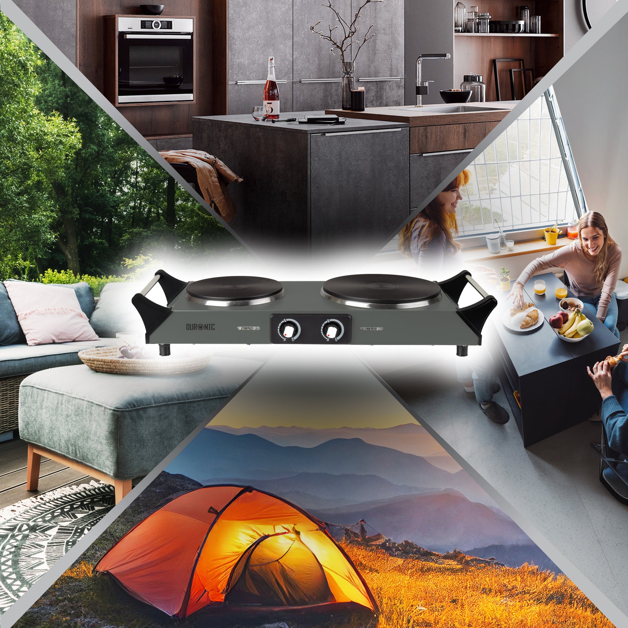 Duronic Electric Hot Plate HP2 GG shown outdoors, camping, in kitchen, and dining settings.