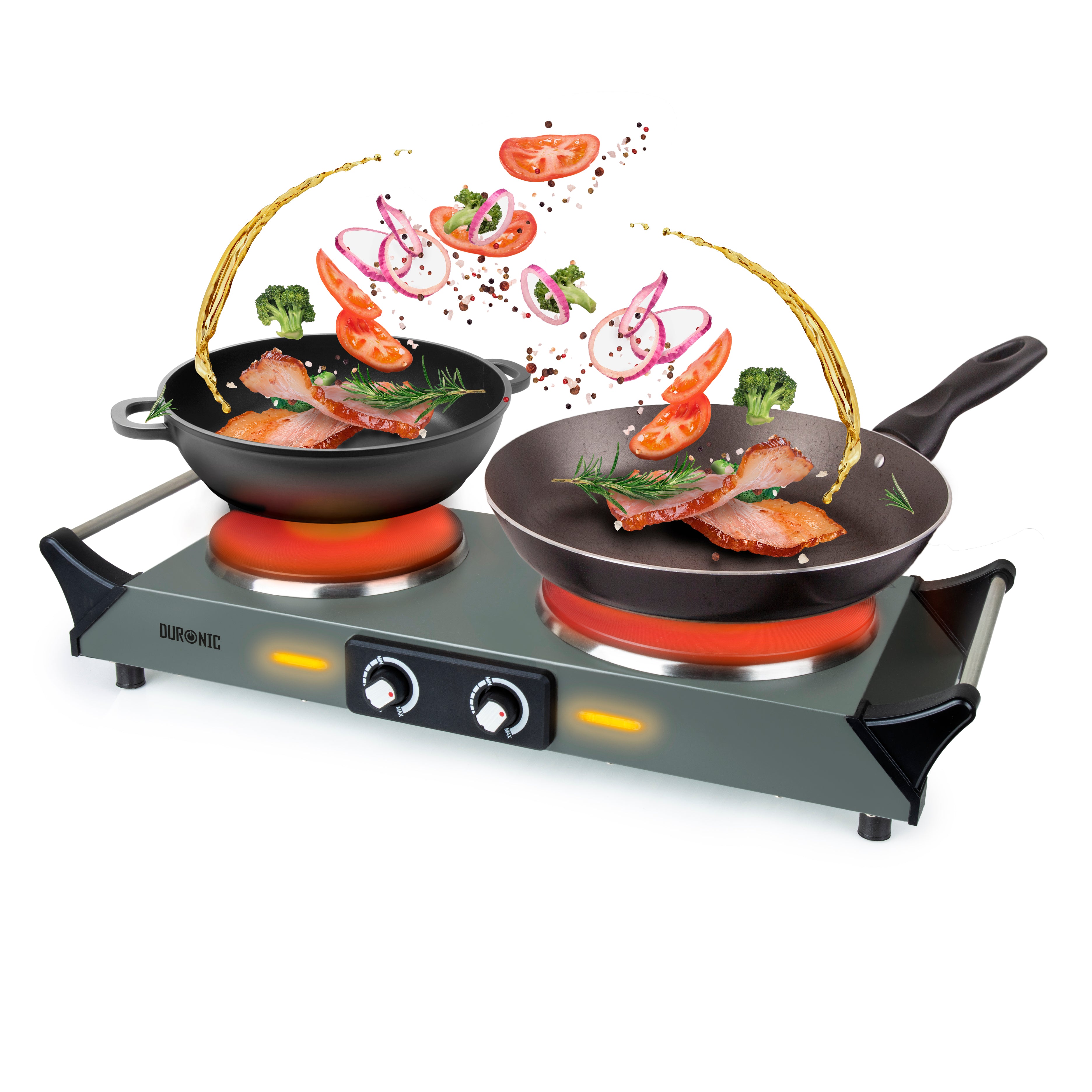 Duronic Electric Hot Plate HP2 GG with cooking pans, meat, and flying vegetables.
