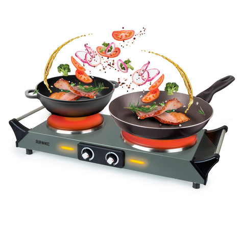 Duronic Electric Hot Plate HP2 GG with cooking pans, meat, and flying vegetables.