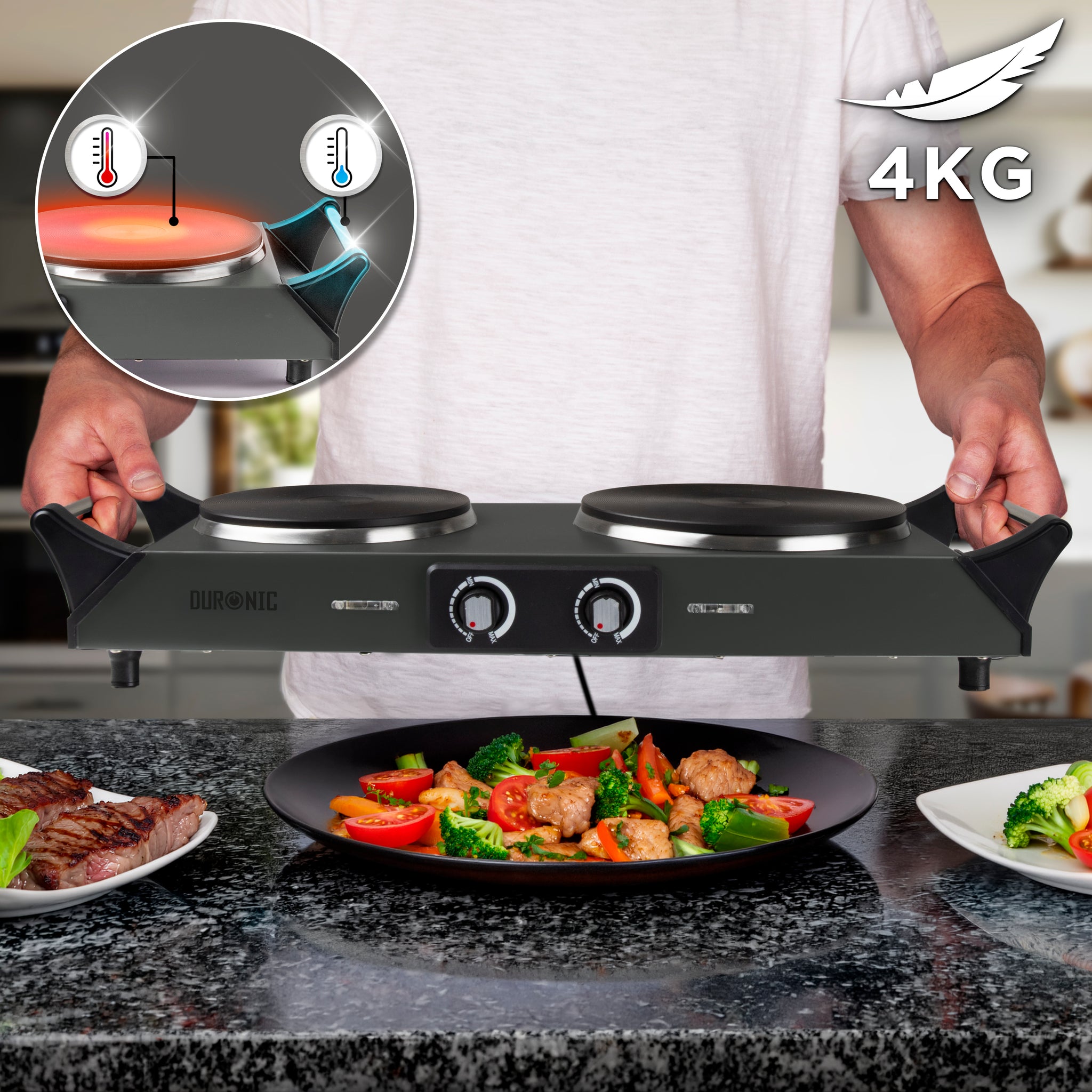 Duronic Electric Hot Plate HP2 GG with cool-touch side carrying handles.