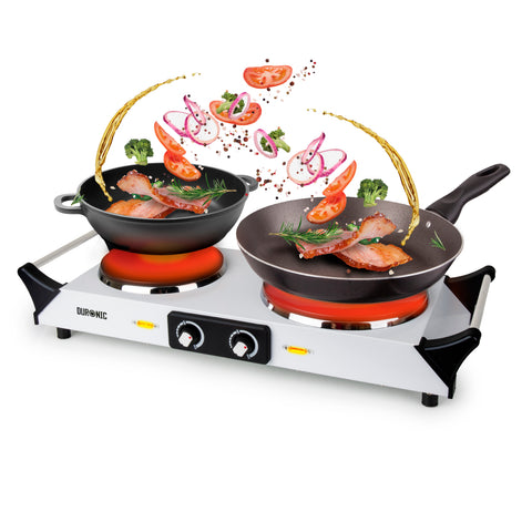 Duronic Electric Hot Plate HP2 WE cooking vegetables and meat in dual frying pans.