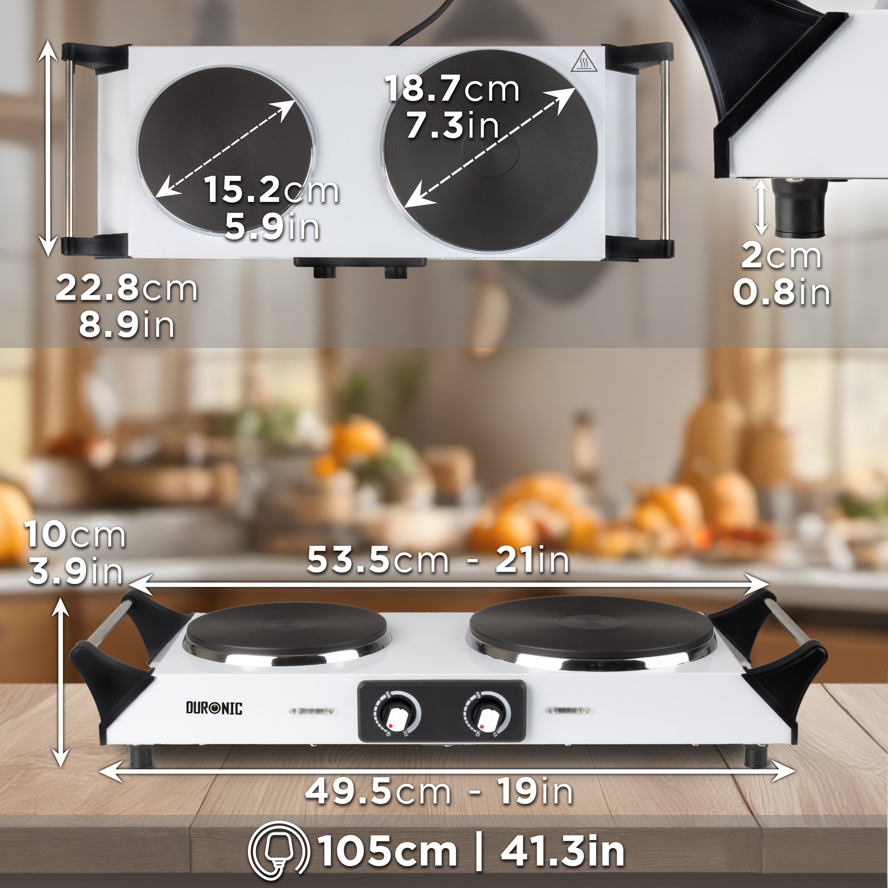 Duronic Electric Hot Plate HP2 WE showing full dimensions and hob ring diameters on kitchen counter.