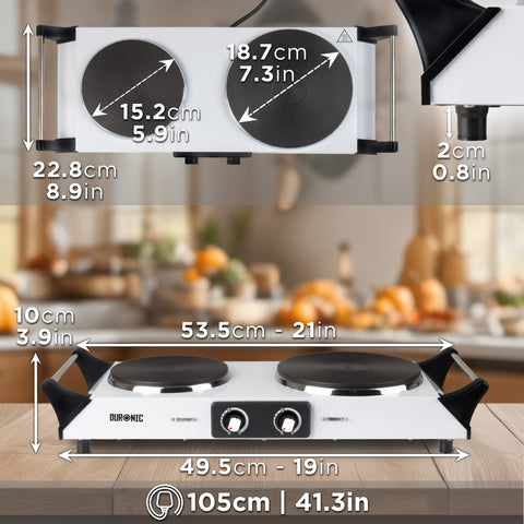 Duronic Electric Hot Plate HP2 WE showing full dimensions and hob ring diameters on kitchen counter.