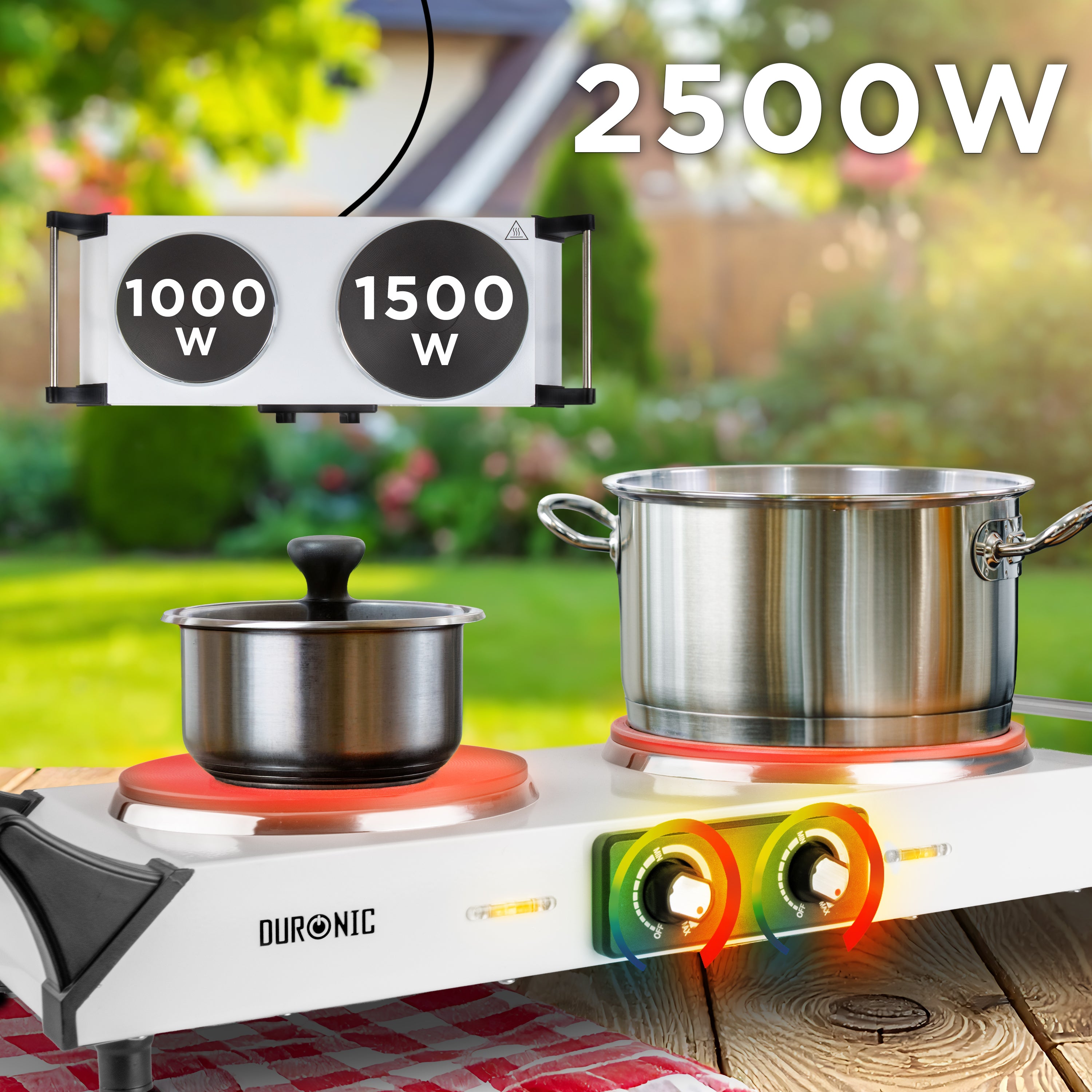 Duronic Electric Hot Plate HP2 WE with pots heating outdoors on table.
