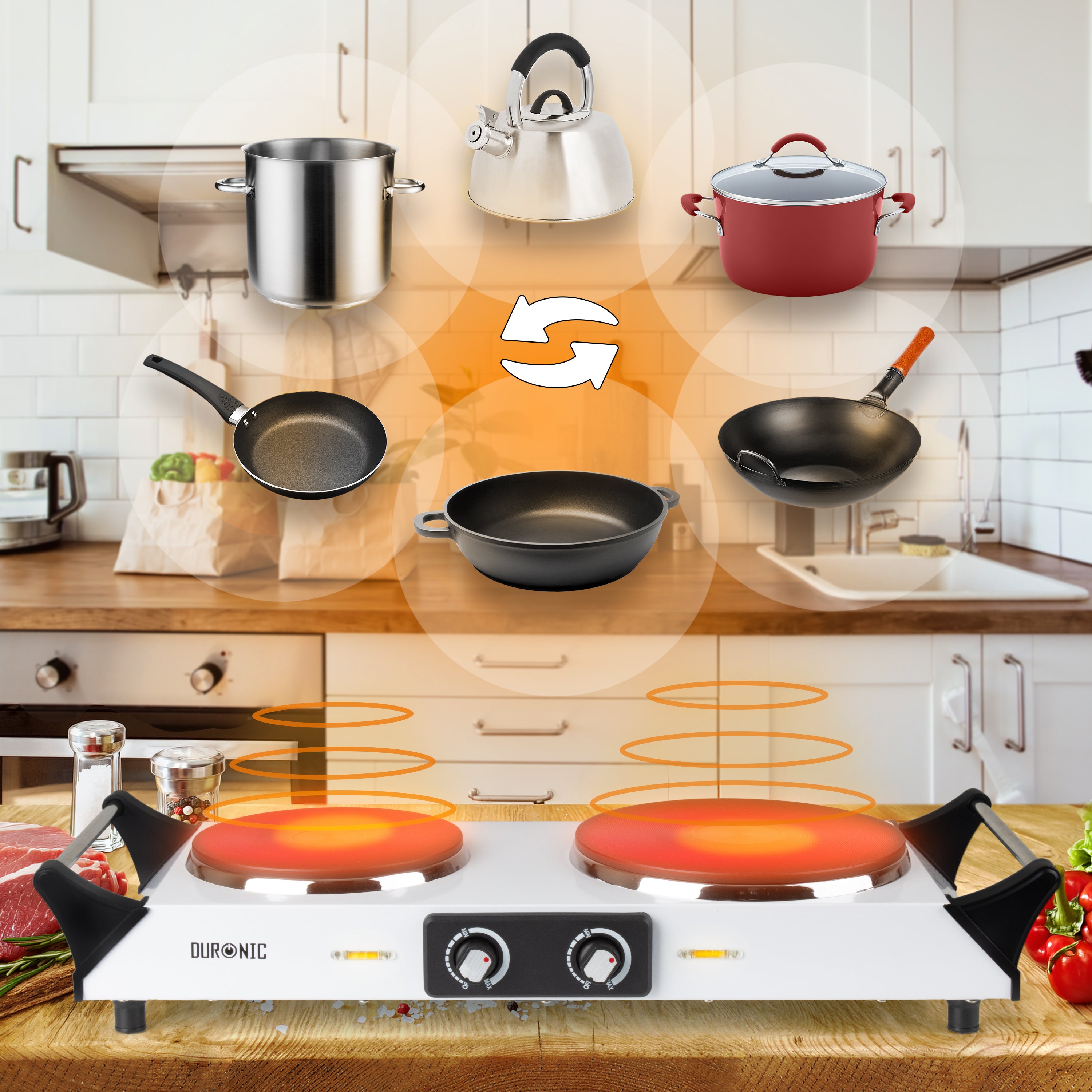 Duronic Electric Hot Plate HP2 WE with various cookware, including pots, pans, kettles, and woks.