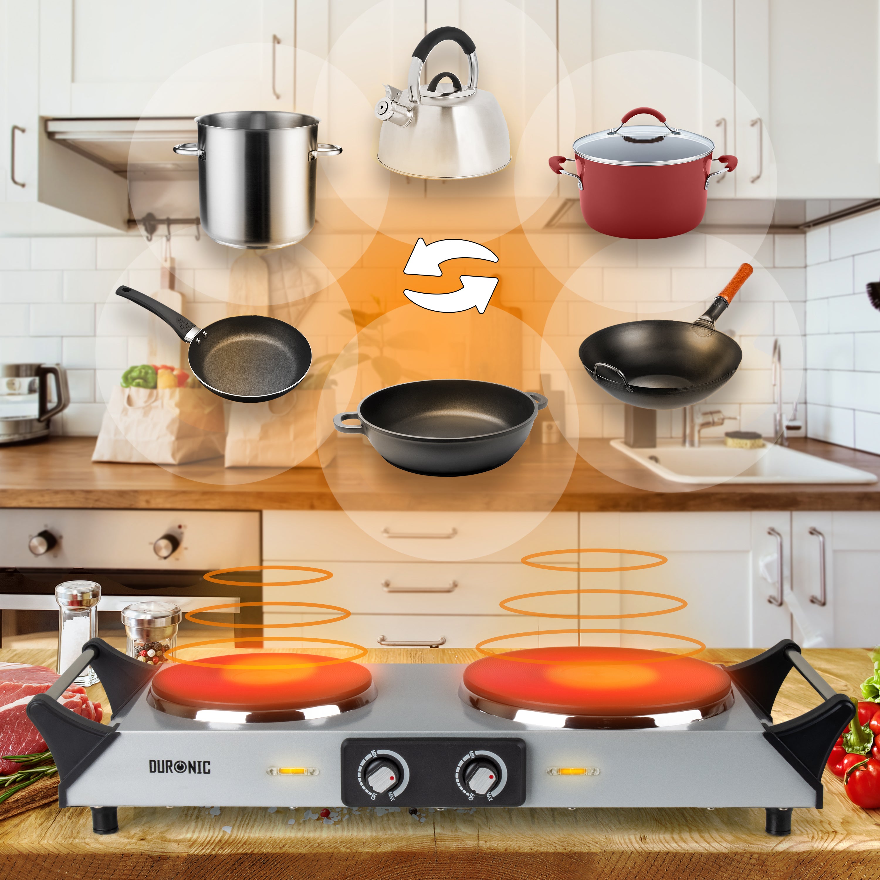 Duronic Electric Hot Plate showcasing compatible cookware like pots, pans, and kettles.