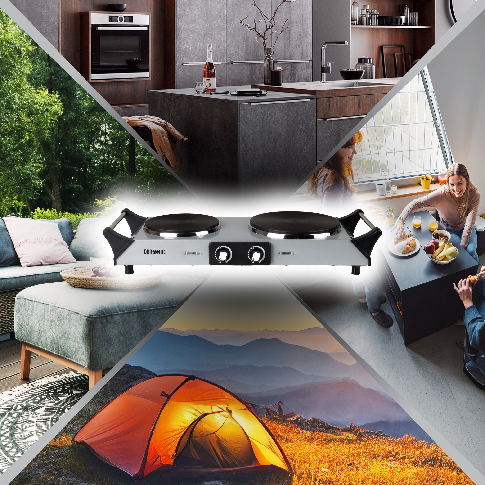 Duronic Electric Hot Plate shown against outdoor, kitchen, indoor dining, and camping collage backgrounds.