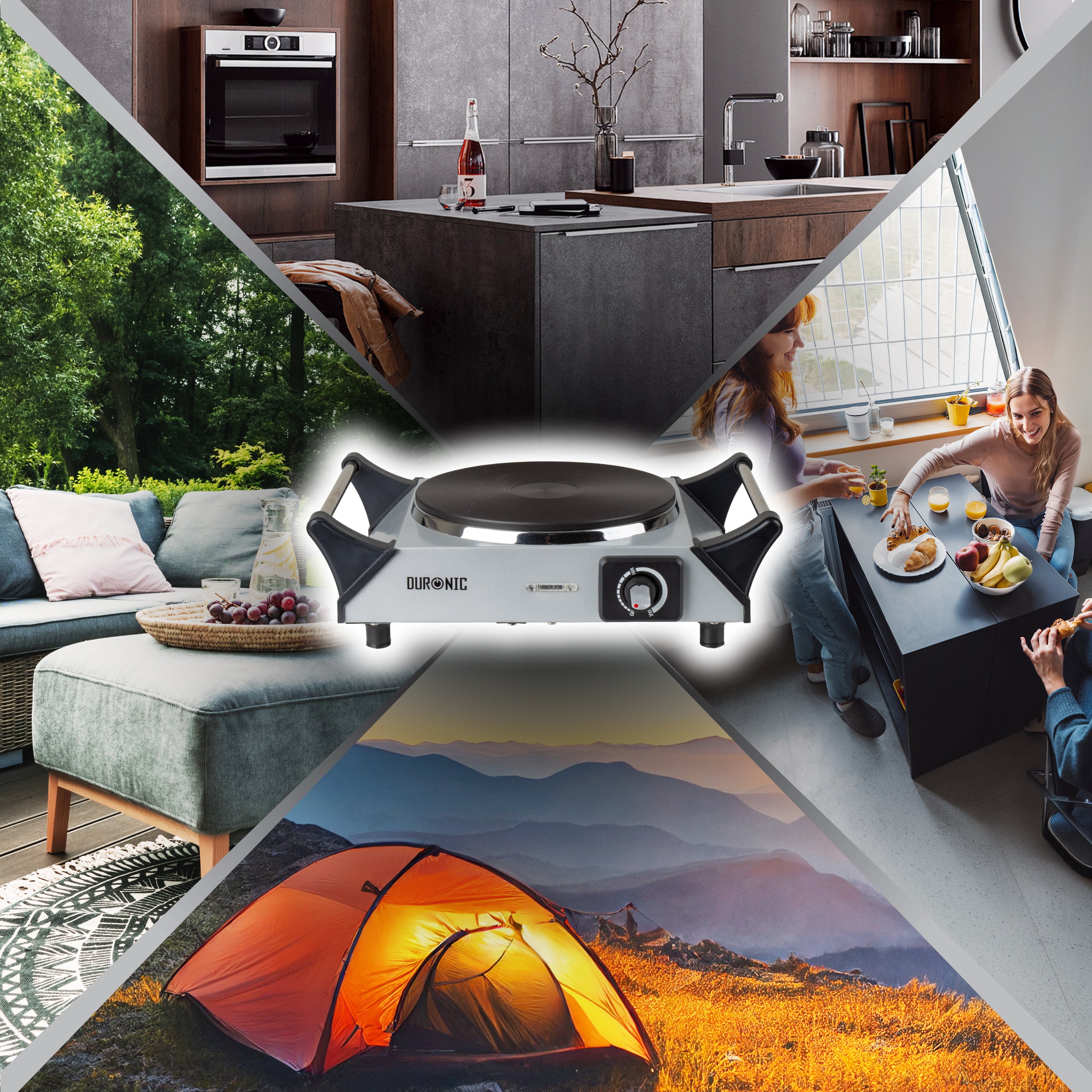 Duronic Electric Hot Plate  shown in kitchen, outdoor, patio, and camping settings.