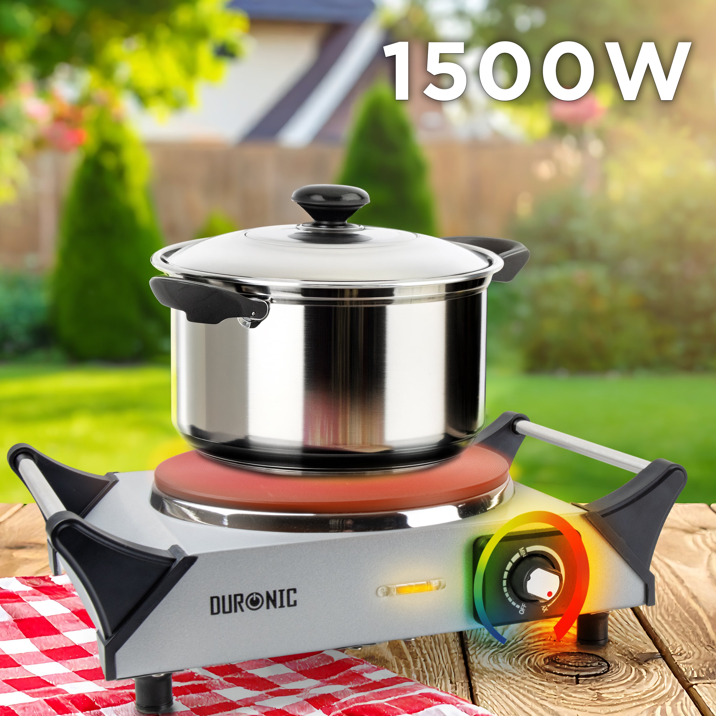 Duronic Electric Hot Plate with a stainless steel cooking pot outdoors.