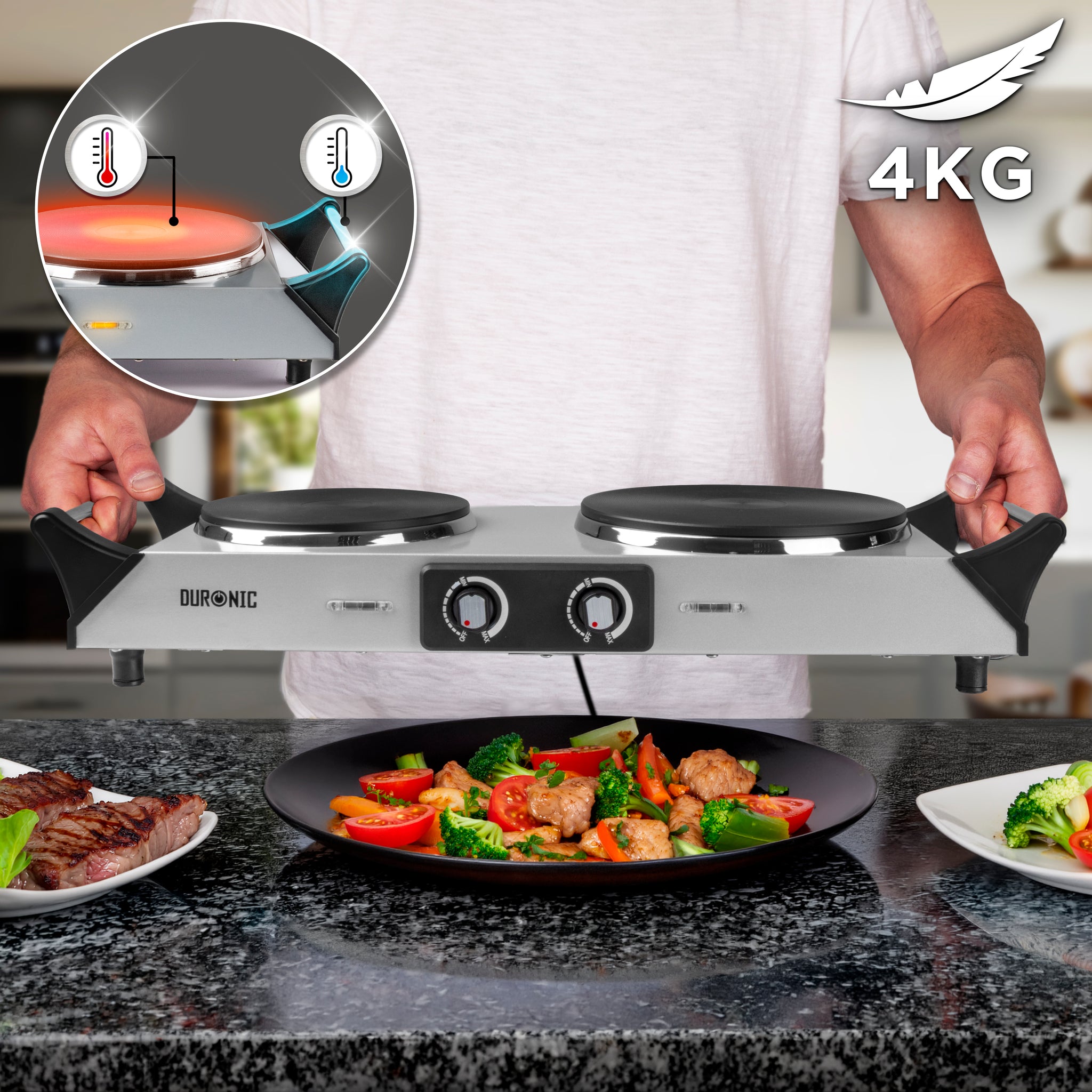 Duronic Electric Hot Plate with cool-touch handles over cooked food.