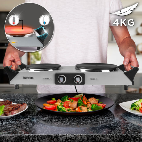 Duronic Electric Hot Plate with cool-touch handles over cooked food.