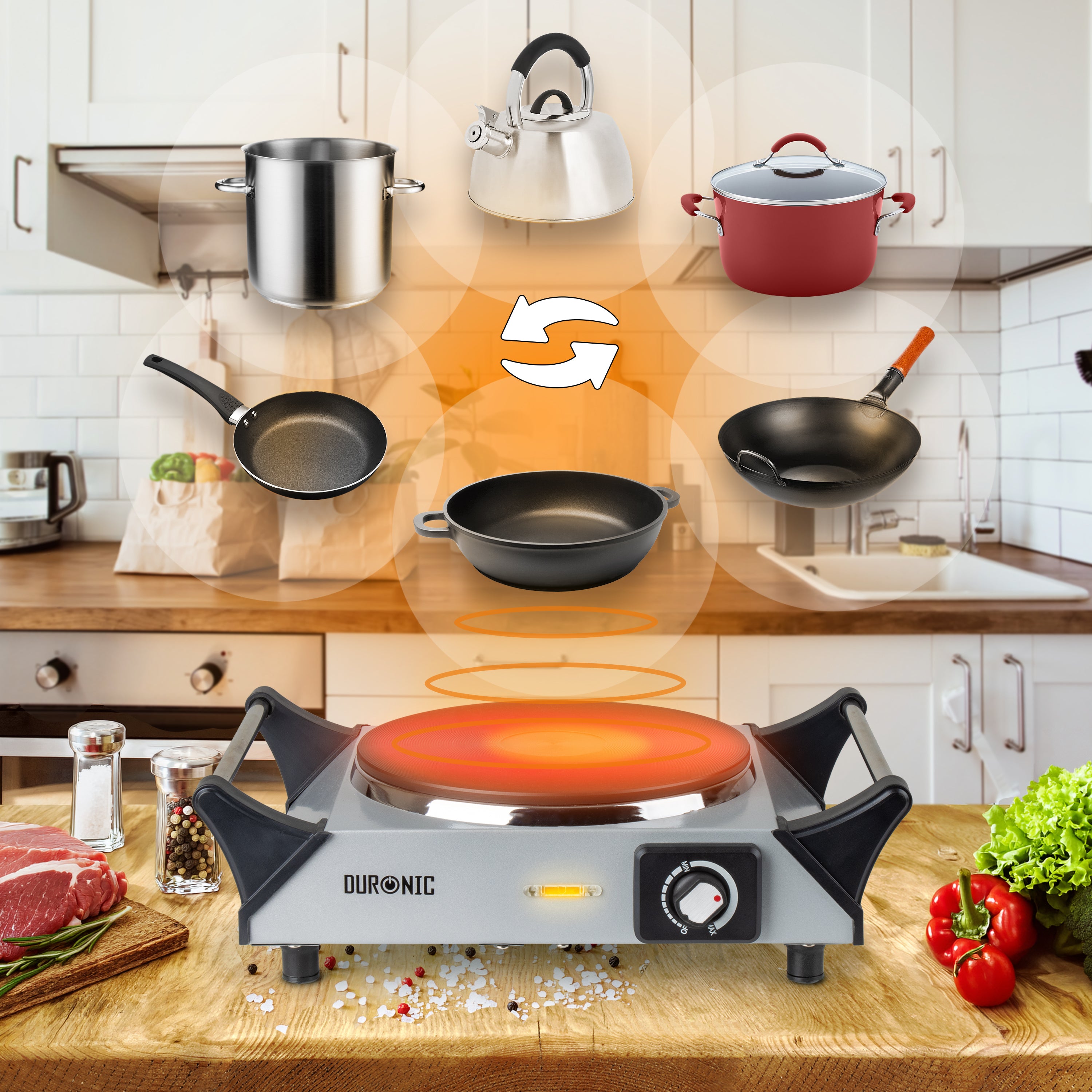 Duronic Electric Hot Plate with glowing heat ring displaying compatibility with various cookware.