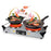 Duronic Electric Hot Plate with two glowing burners cooking food in pans on white.
