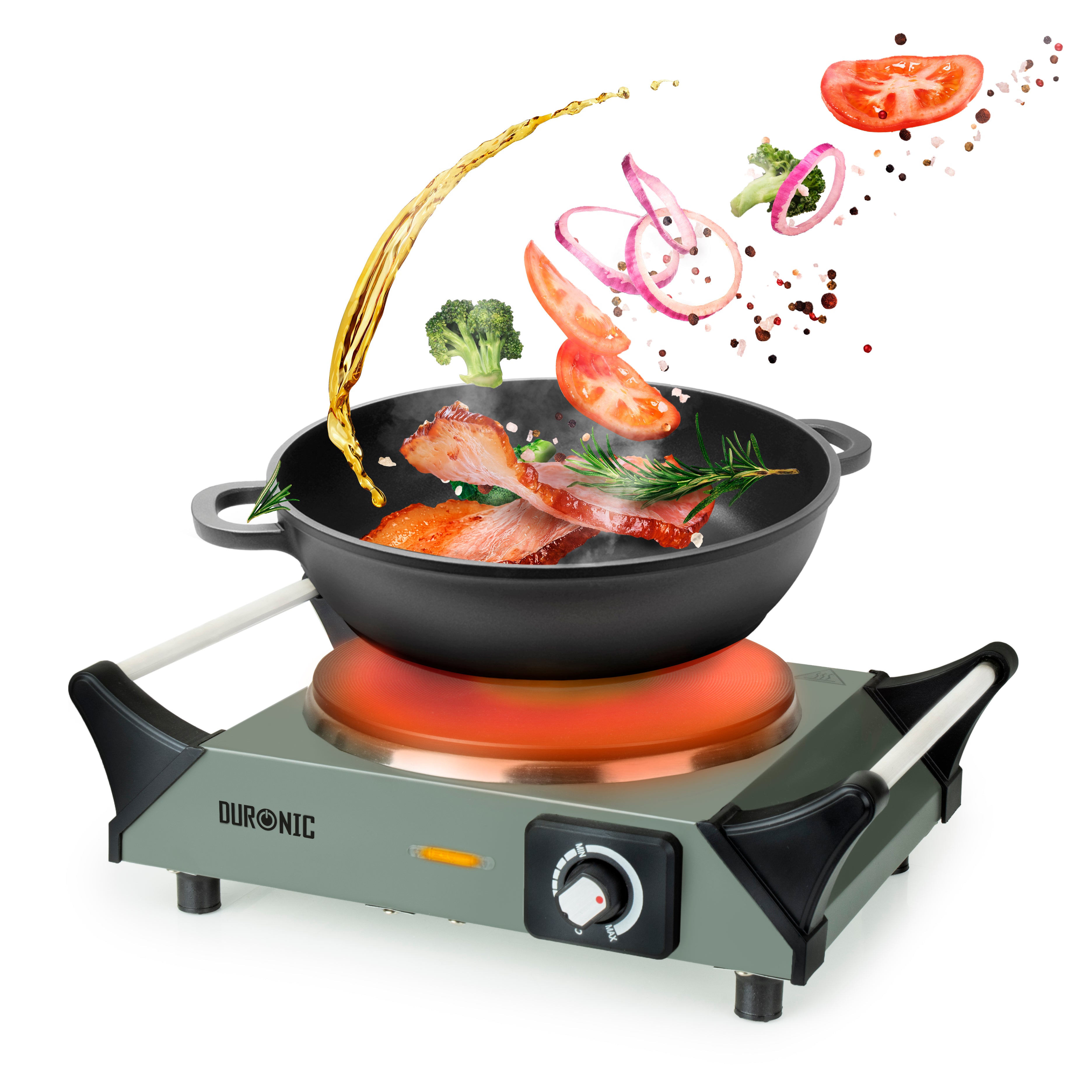 Duronic Electric Hot Plate with wok pan frying meat, oil, and vegetables