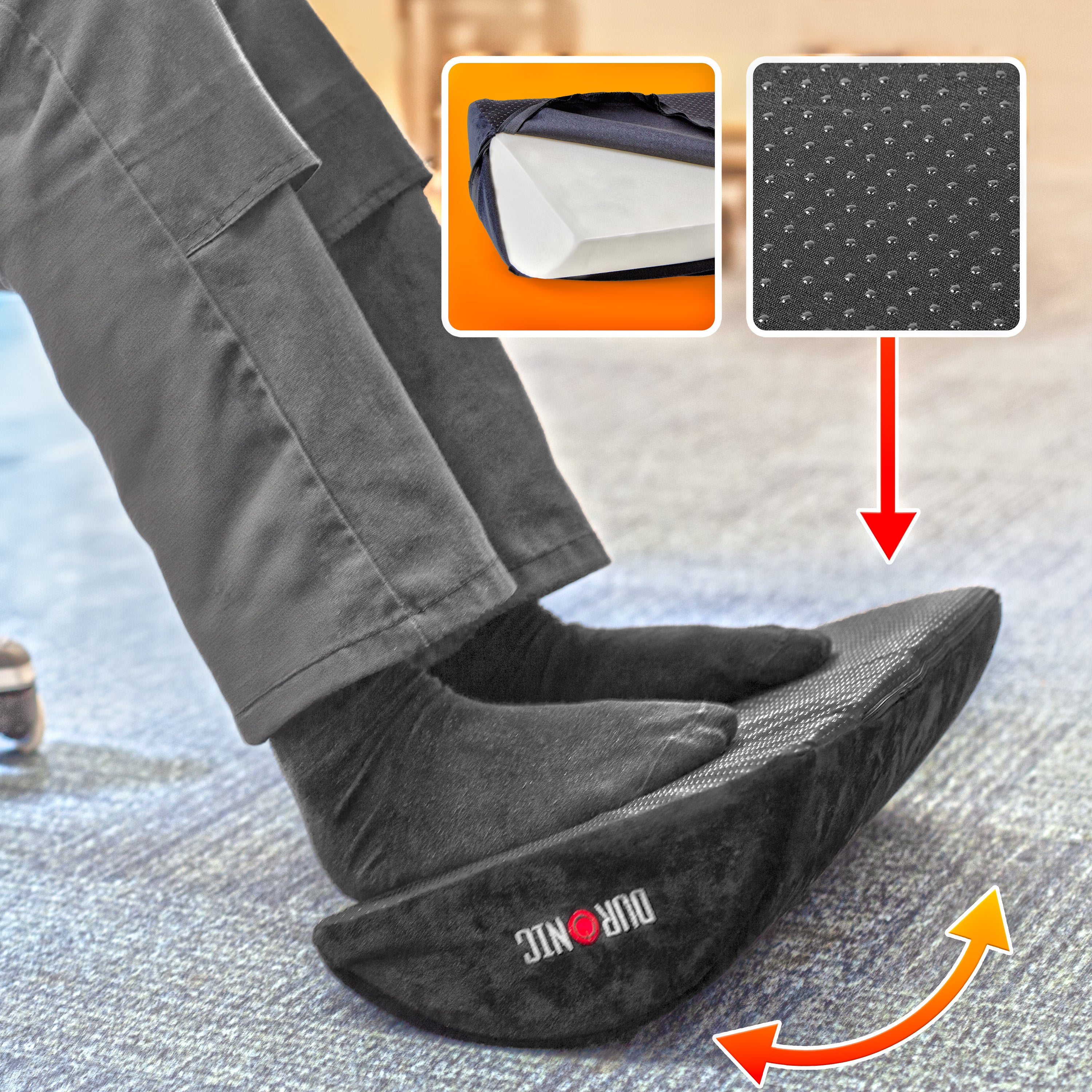 Duronic Ergonomic Footrest featuring a non-slip textured surface and a high-density foam core for under-desk comfort.
