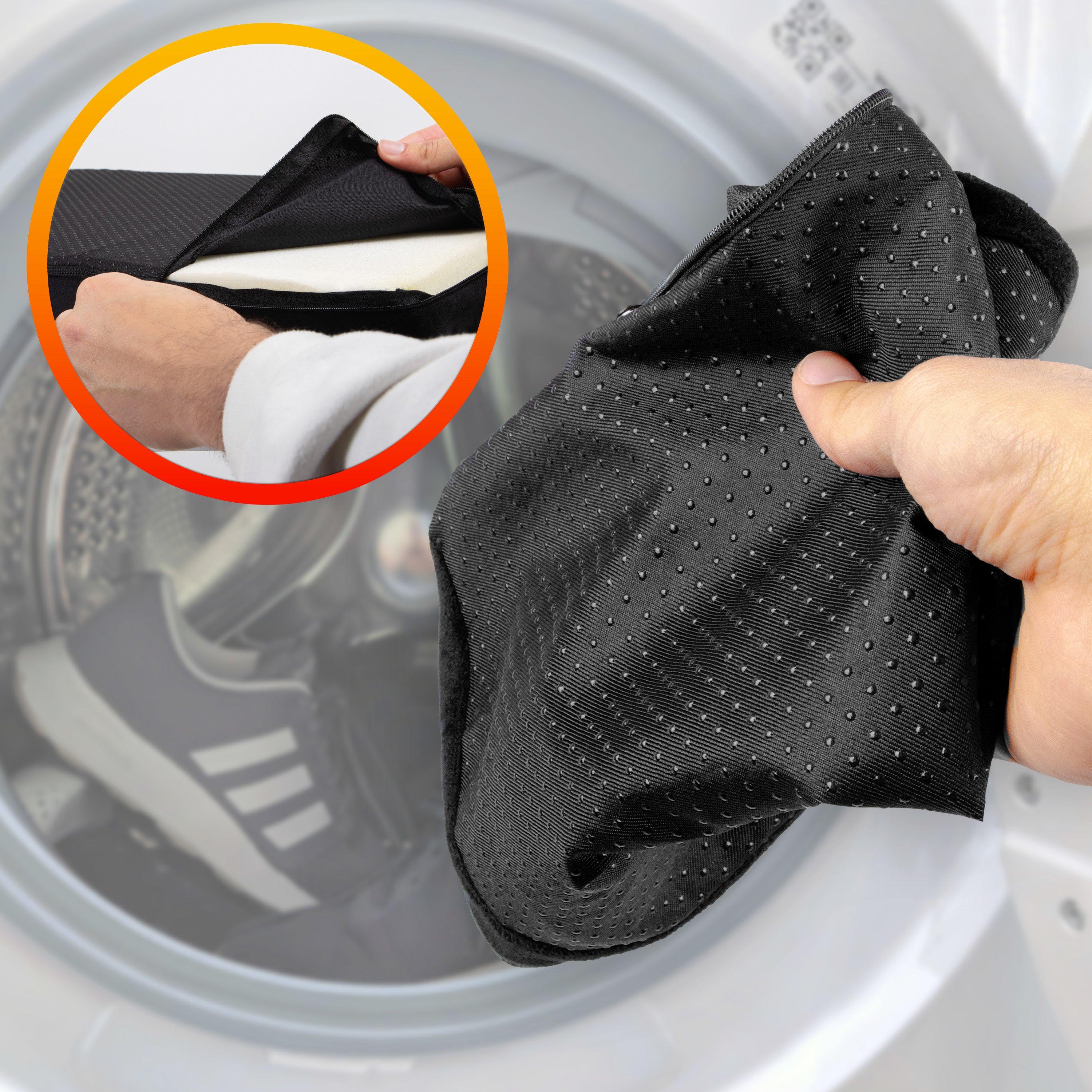 Duronic Ergonomic Footrest featuring a textured grip bottom in front of a washing machine to demonstrate that it is machine washable.