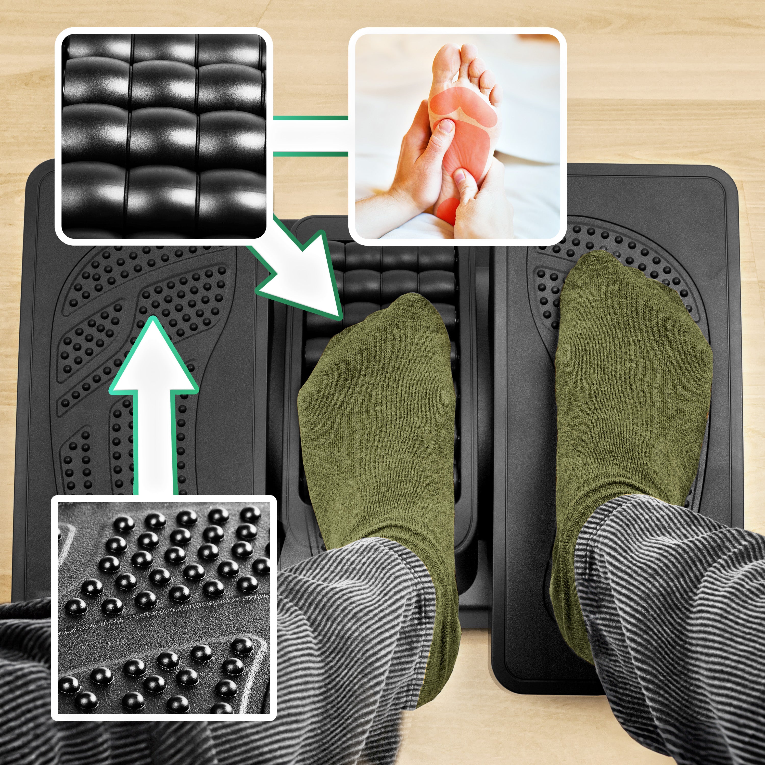 Duronic Ergonomic Footrest featuring integrated massage rollers and textured acupressure bumps designed for ergonomic support and foot relief.