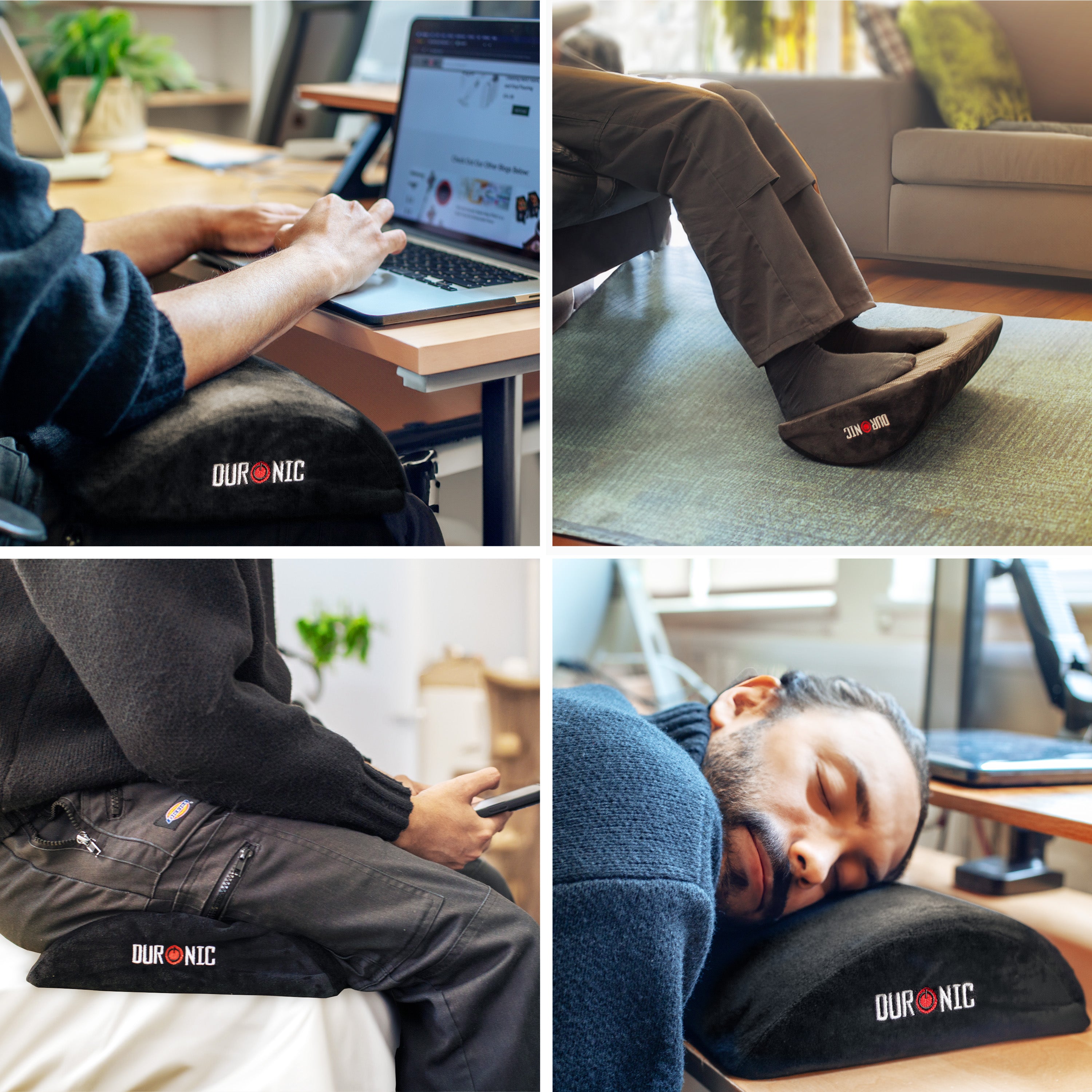 Duronic Ergonomic Footrest memory foam cushion as a lap desk, an ergonomic footrest, a seat cushion, and a desk pillow for napping.