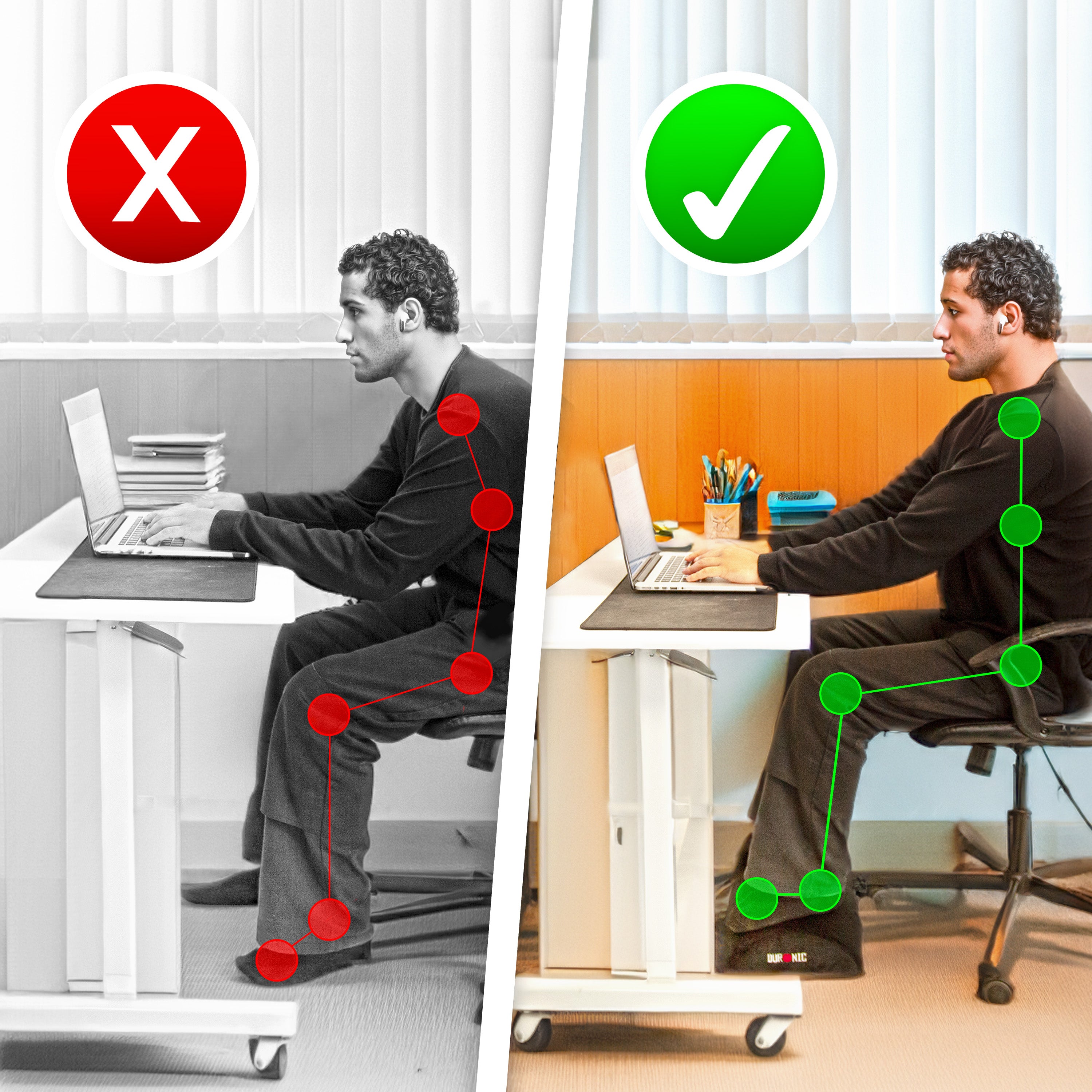 Duronic Ergonomic Footrest showing the ergonomic benefits of using a desk footrest to improve sitting posture and spinal alignment while working at a computer.